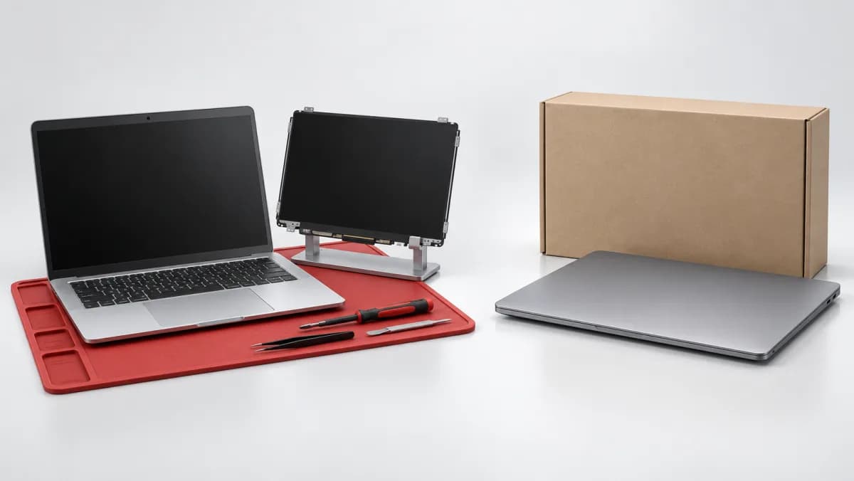 Illustration comparing a laptop prepared for repair with a newer laptop and its box
