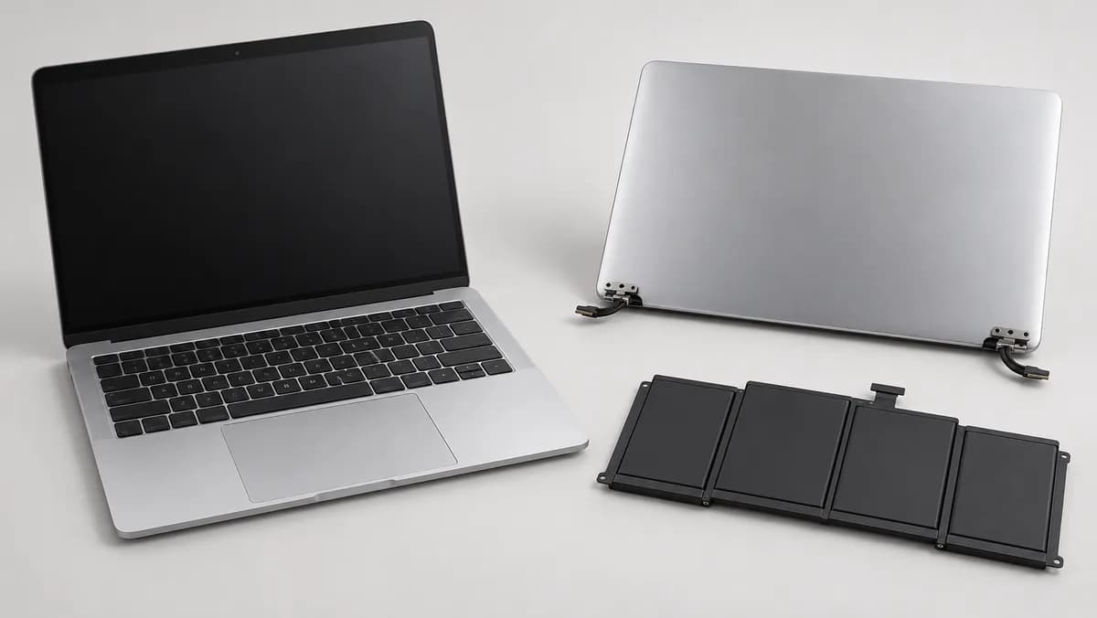 Illustration of a silver laptop beside a separate display assembly and segmented battery