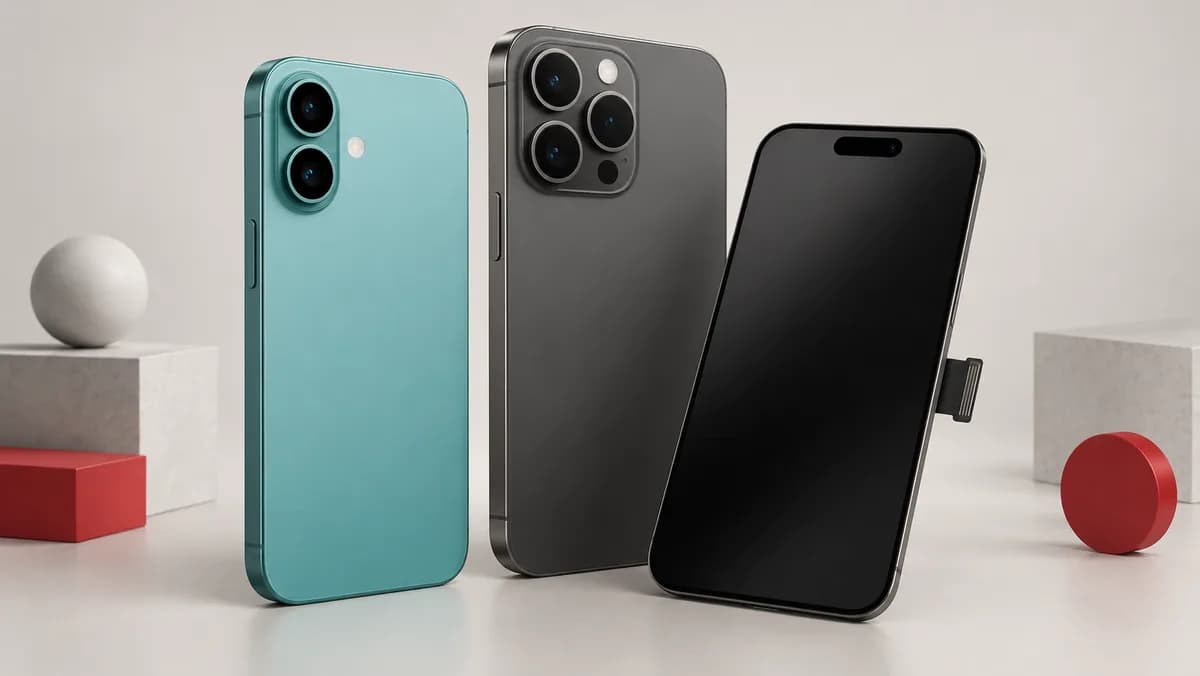 Illustration of two phones with dual and triple rear cameras beside a separate front display assembly