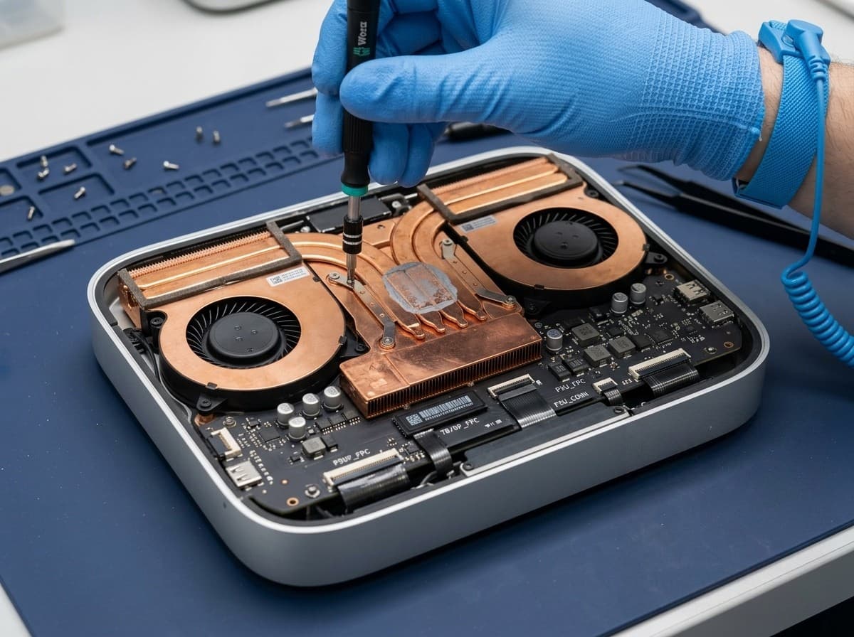 Mac Studio opened for internal repair on a workbench