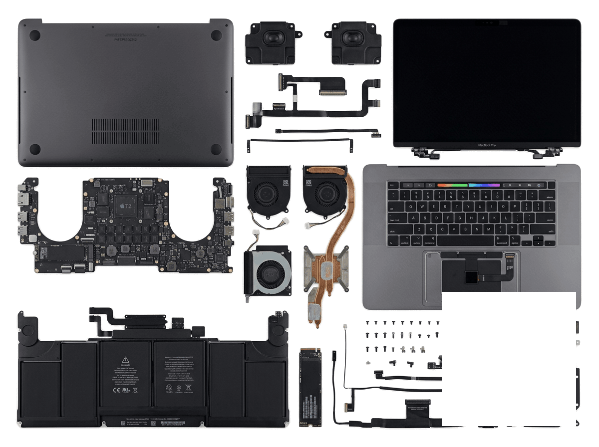 MacBook Pro opened for internal repair on a workbench