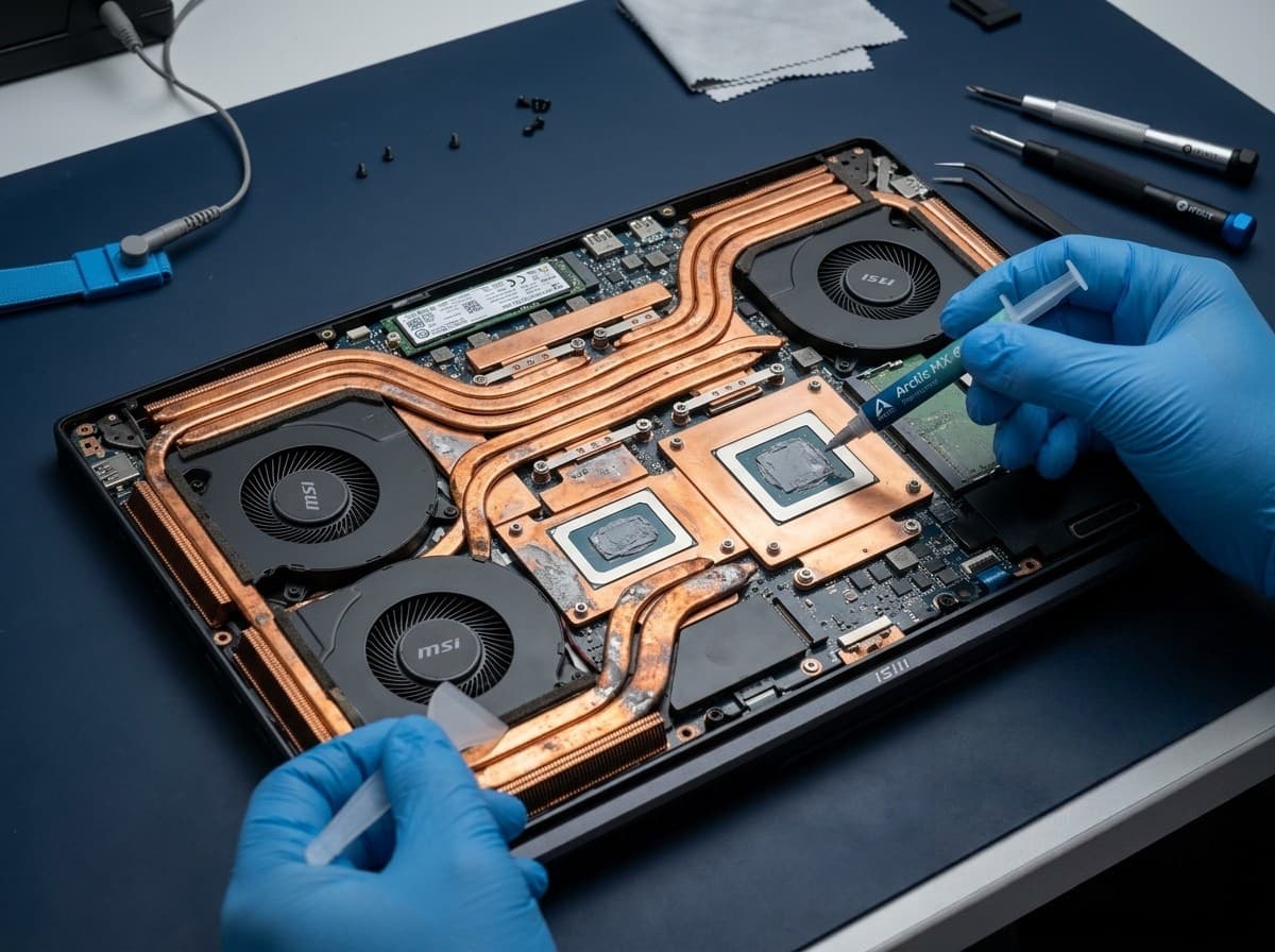 Technician cleaning fans and reapplying thermal paste inside a gaming laptop