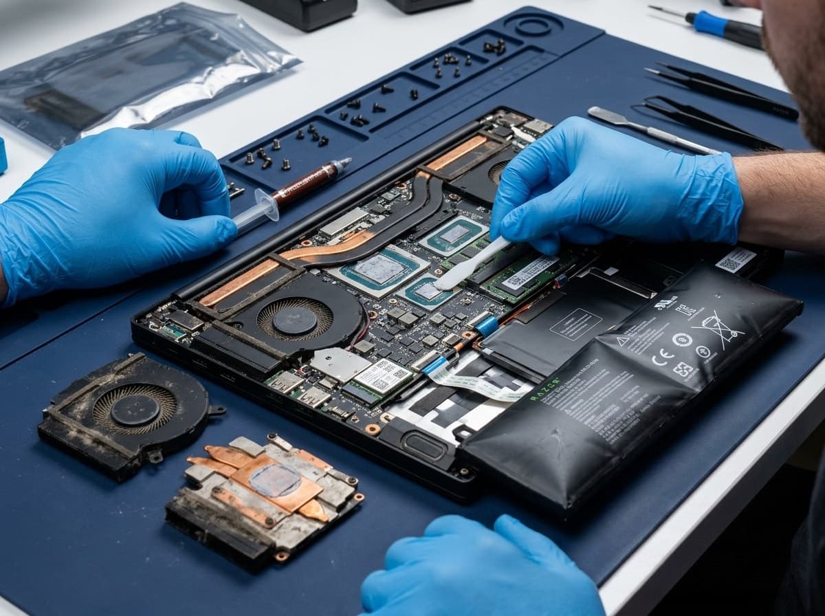 Technician repairing a Razer Blade laptop