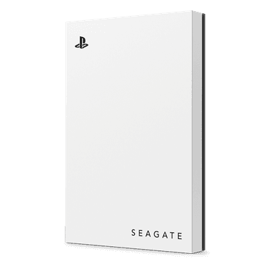 Seagate Game Drive for PS5 — white external drive with PlayStation logo, three-quarter view