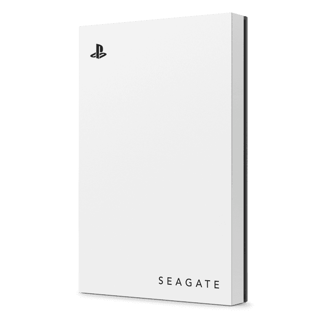 Seagate Game Drive for PS5 — white external drive with PlayStation logo, three-quarter view