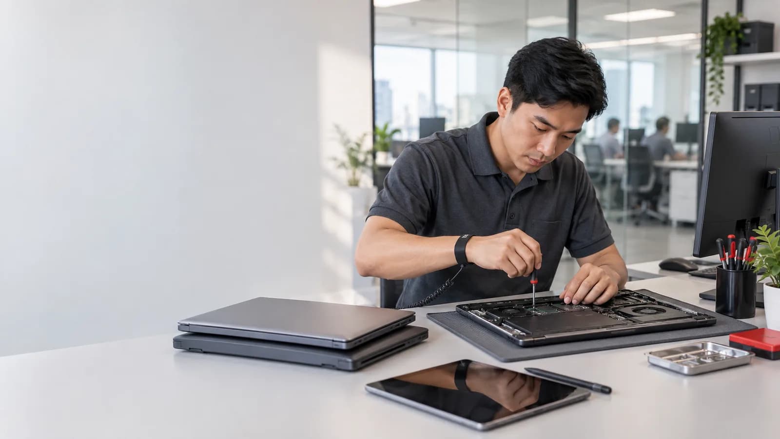 Illustration of laptop maintenance alongside office devices