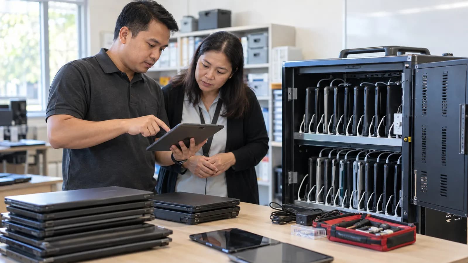 Ilustrasi servis laptop dan tablet sekolah