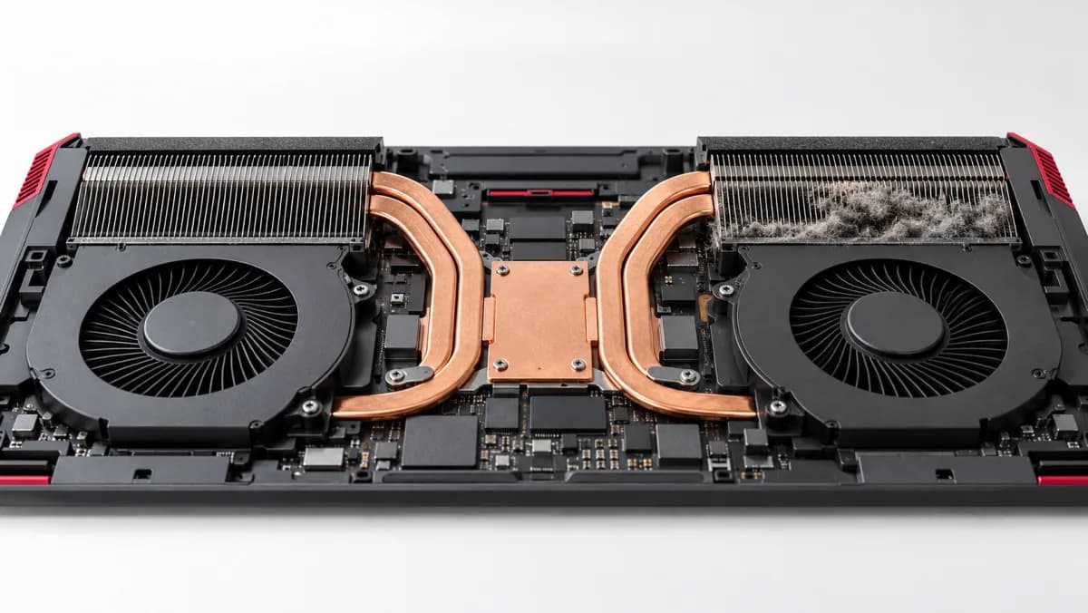 Illustration of laptop cooling fans and copper heat pipes with lint obstructing the exhaust fins