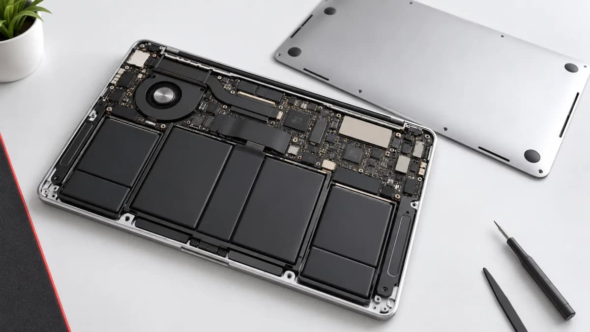 Illustration of the multi-cell battery inside a silver laptop with its bottom cover removed