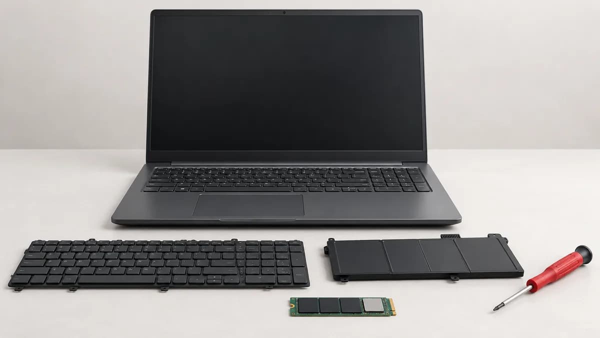 Illustration of a laptop beside a replacement keyboard, battery and solid-state drive