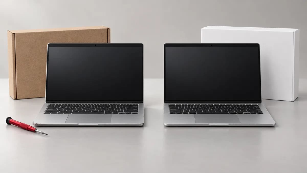 Illustration comparing two working silver laptops with recycled cardboard and white packaging