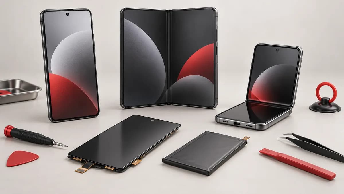 Illustration of slab, book-folding and clamshell phones beside a replacement screen and battery