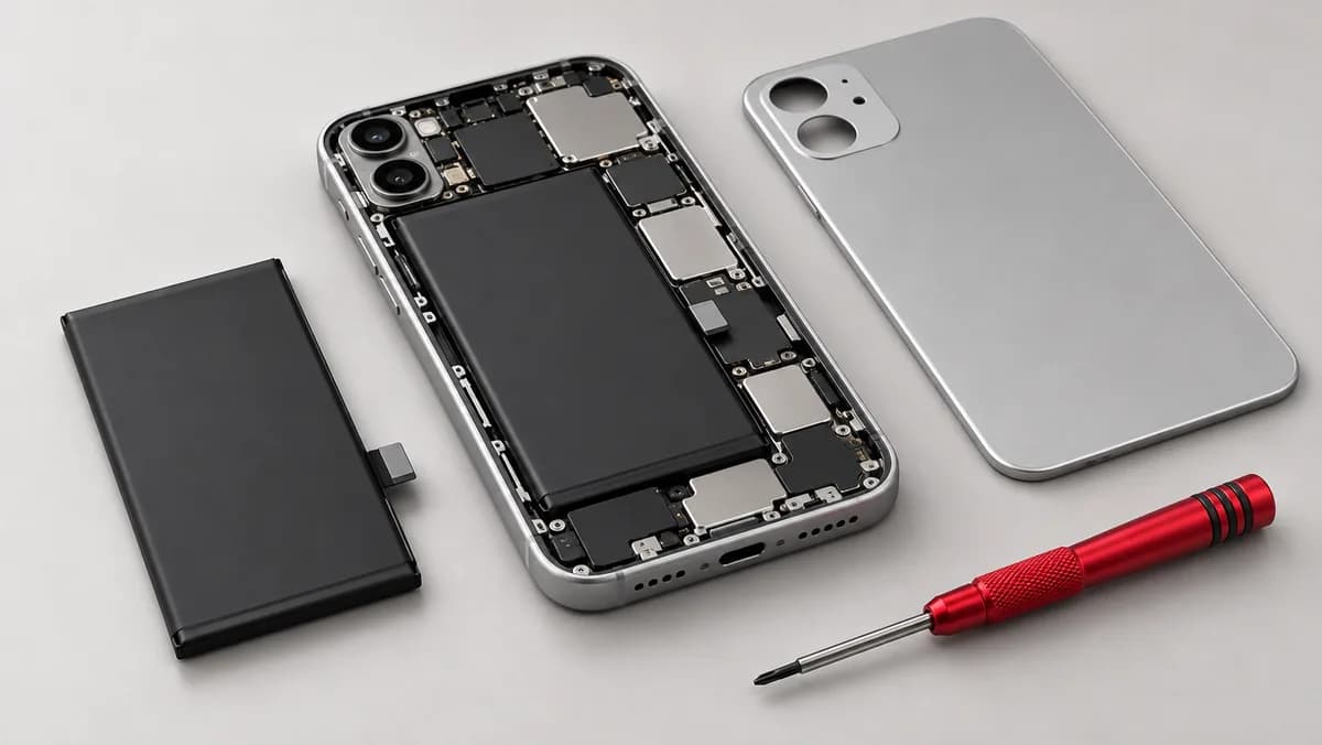 Ilustrasi telefon dengan penutup belakang dibuka, bateri di dalam dan bateri gantian di sebelahnya