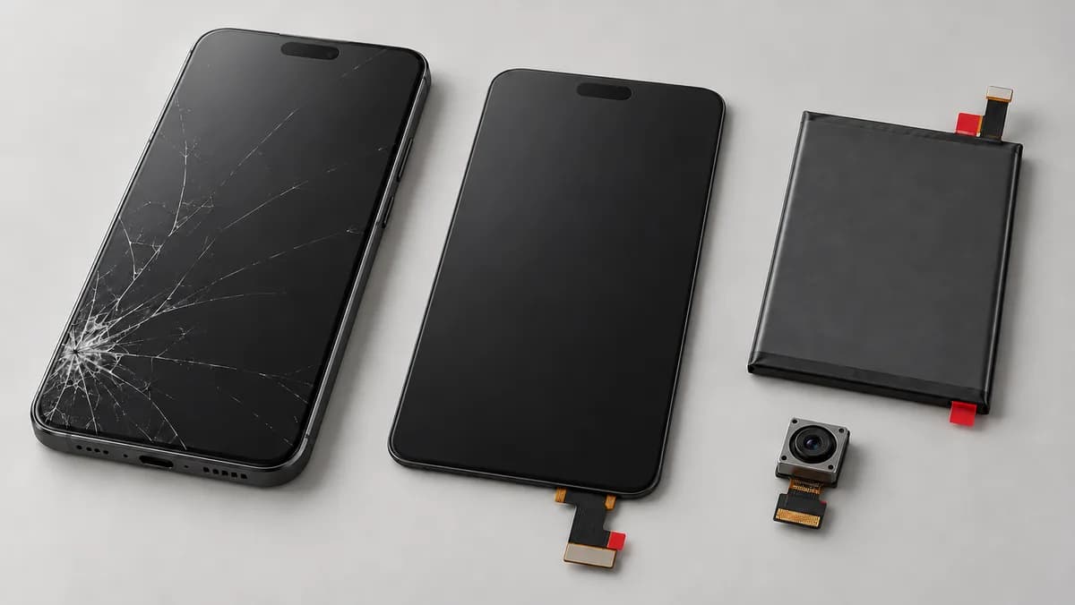Illustration of a cracked smartphone beside a replacement display, battery and camera module