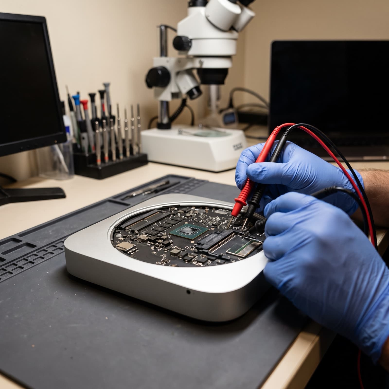 Apple Mac mini logic board micro-soldering under microscope at TechFix Lab