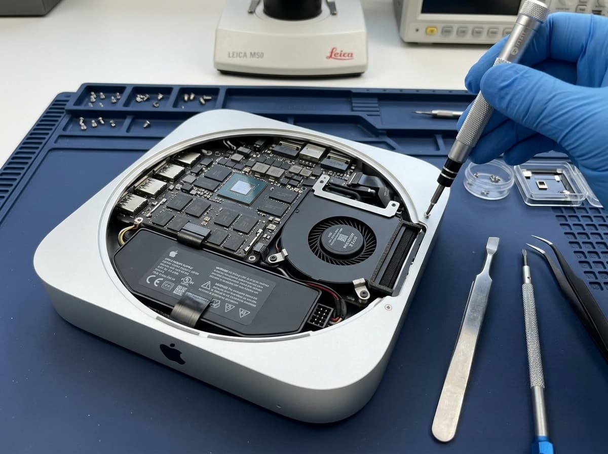 Mac mini opened for internal repair on a workbench