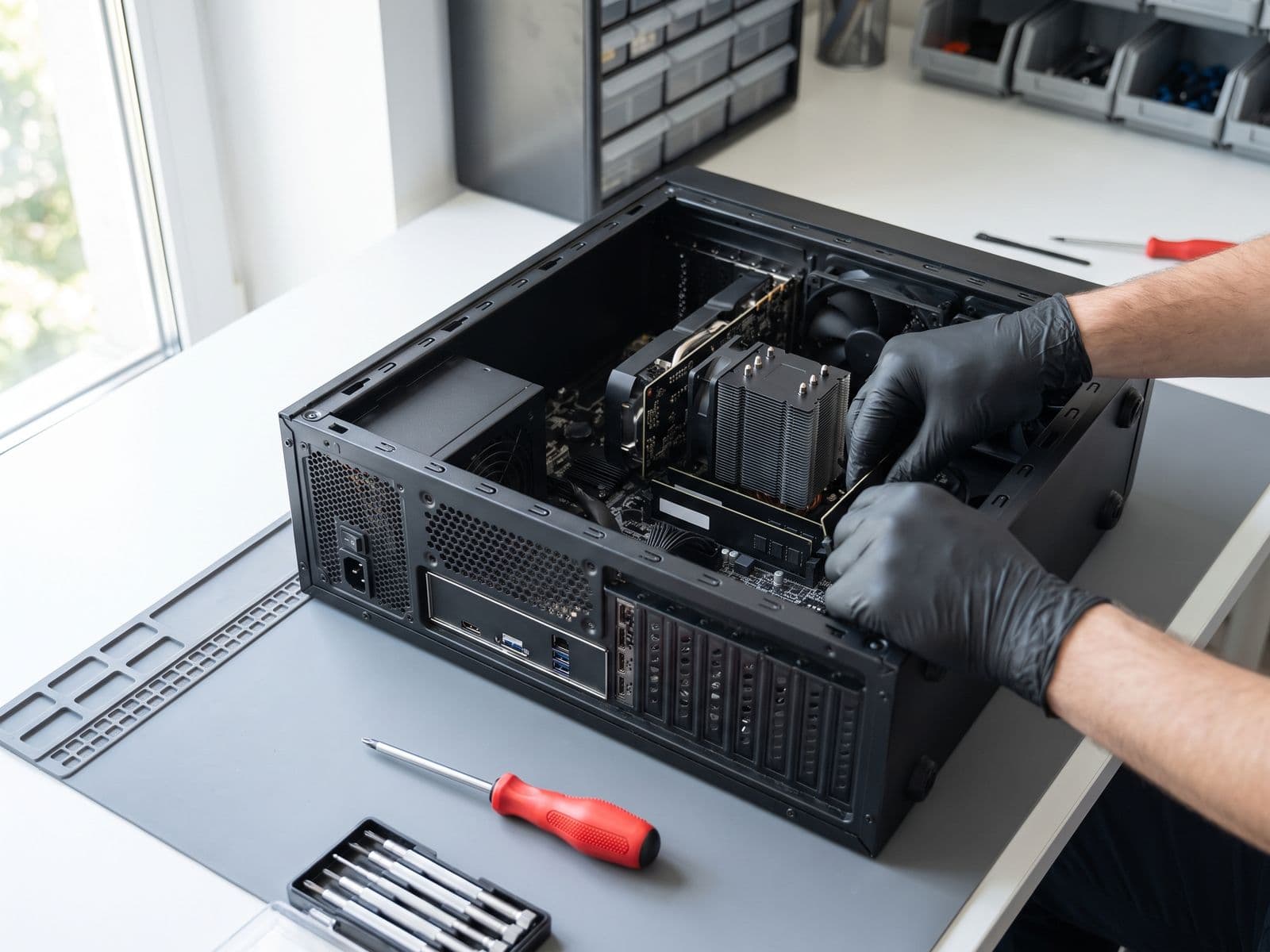 Technician servicing an opened desktop PC