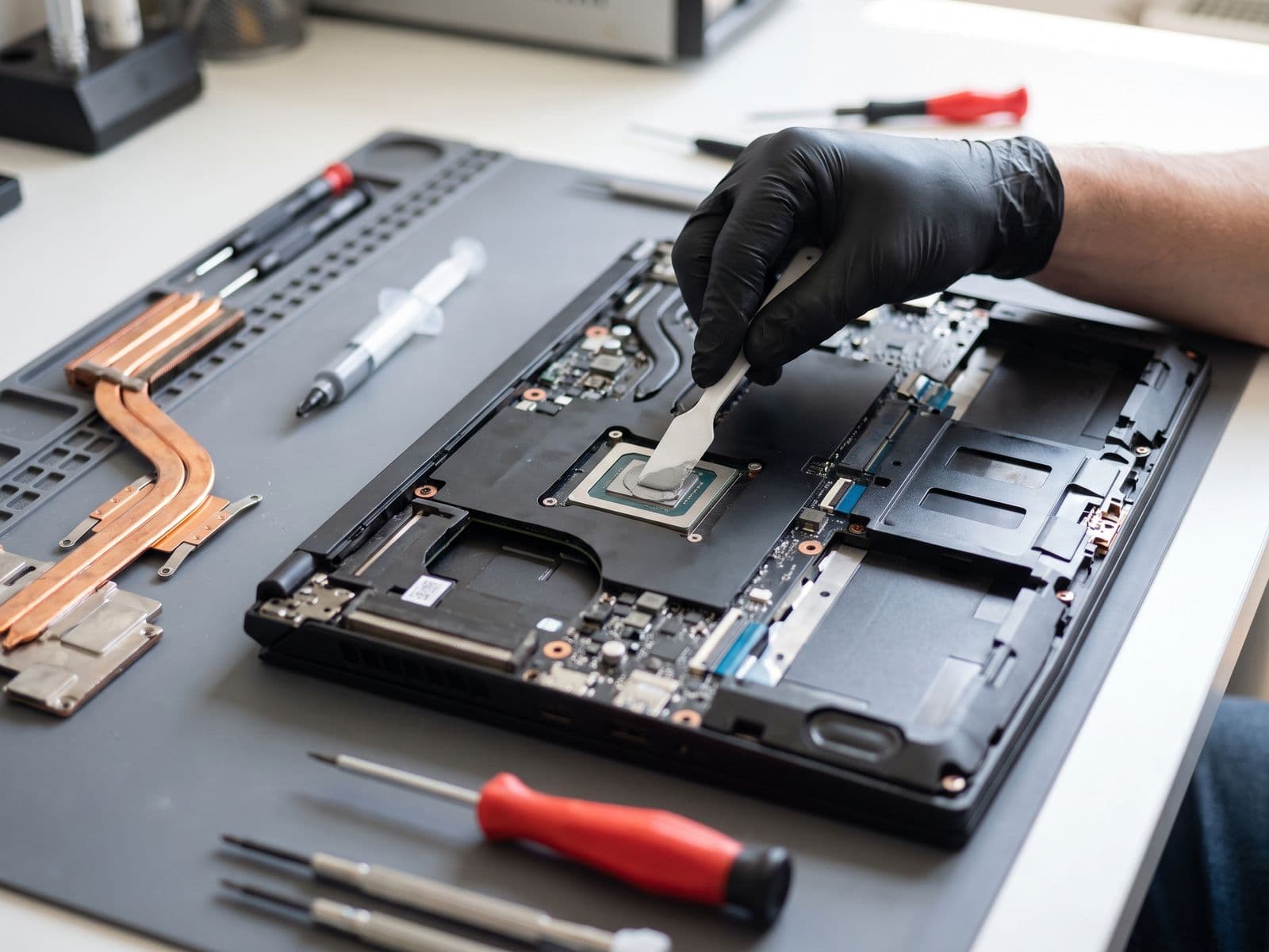 Fresh thermal paste being applied to a laptop processor