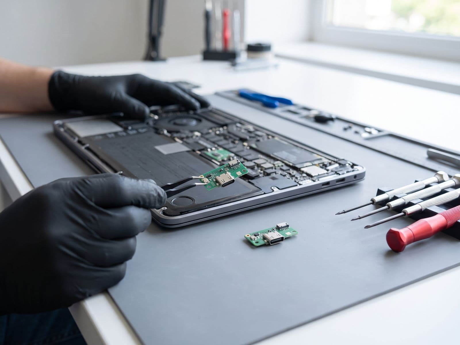 Thin laptop USB-C port board being replaced