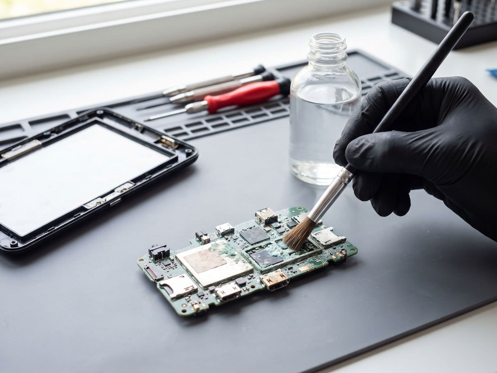 Hybrid handheld console board being cleaned after liquid damage