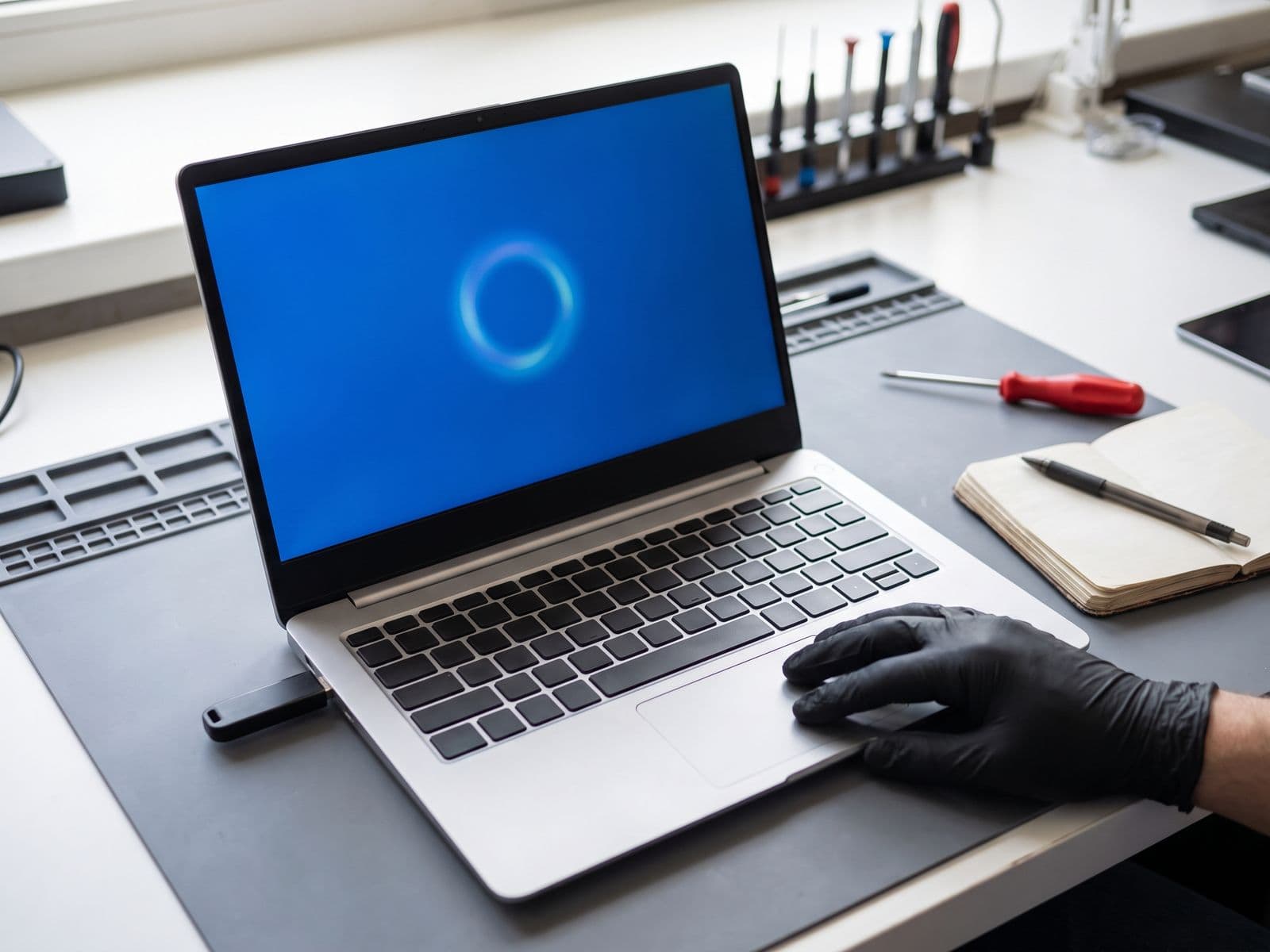 Laptop being repaired with a recovery drive