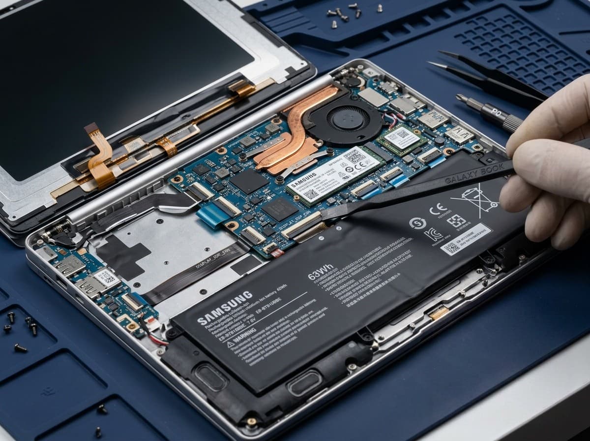 Technician repairing a Samsung Galaxy Book laptop