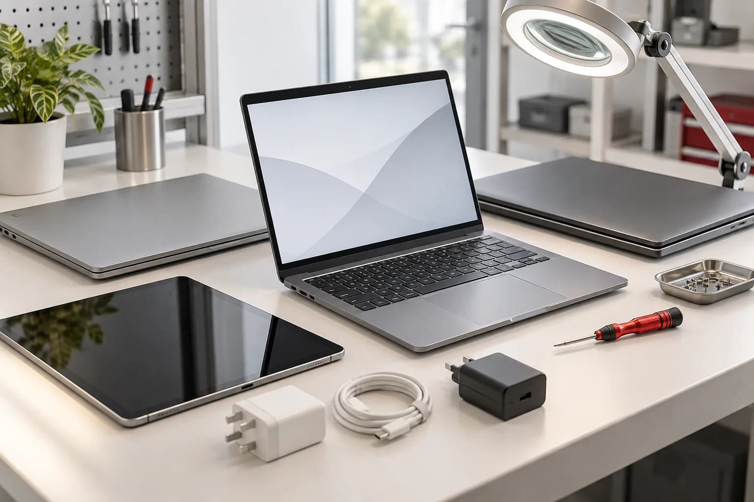 Illustration: Business laptops and a tablet arranged for condition assessment and reuse