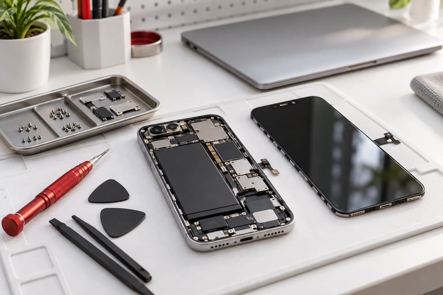 Illustration: Opened phone and detached display arranged beside precision repair tools